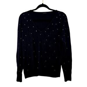 Ann Taylor Wool‑Blend V‑Neck Pullover Sweater Size L Navy Rhinestone Embelished